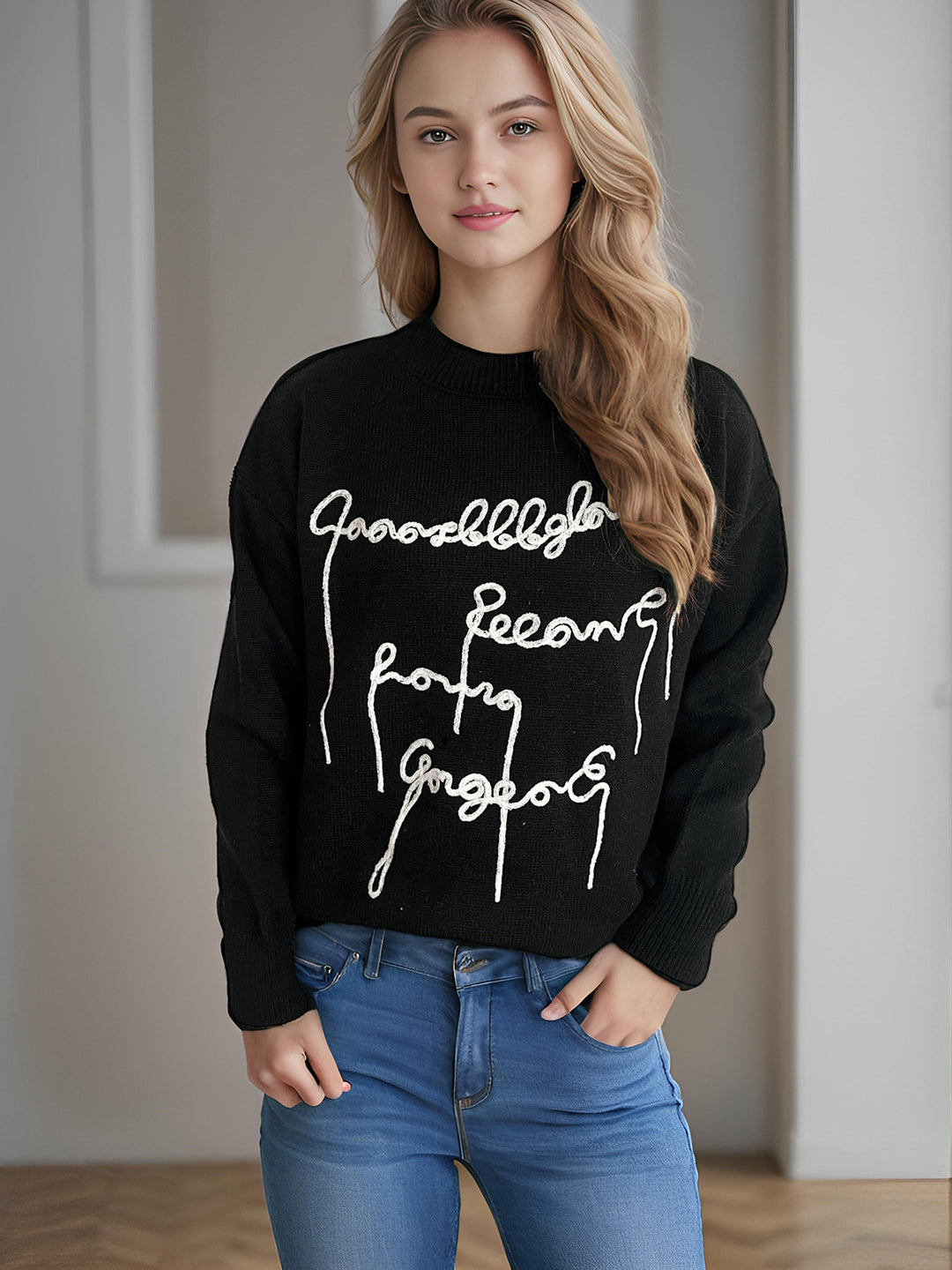 Damen lässiger Pullover mit kreativem Schriftzug Drune