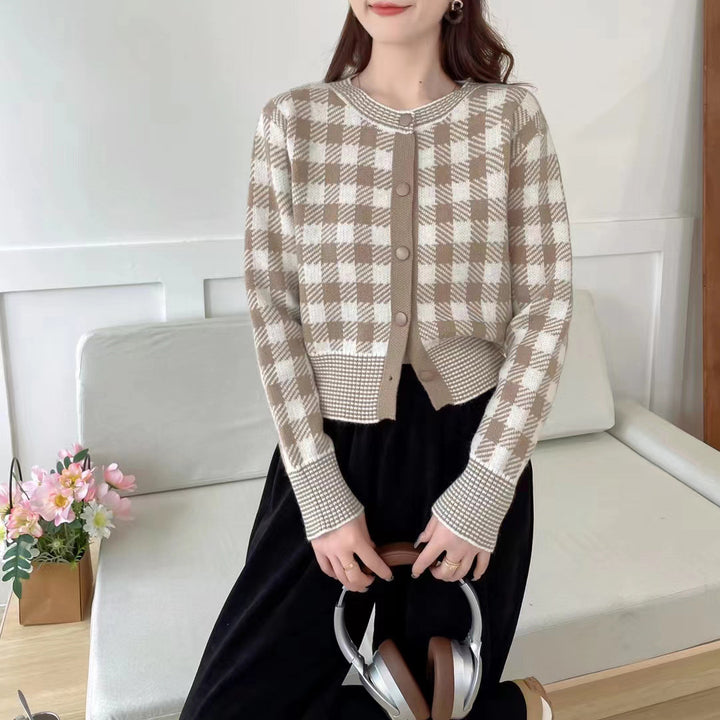 Damen Karierte Strickjacke mit Rundhalsausschnitt und Knopfverschluss Drune