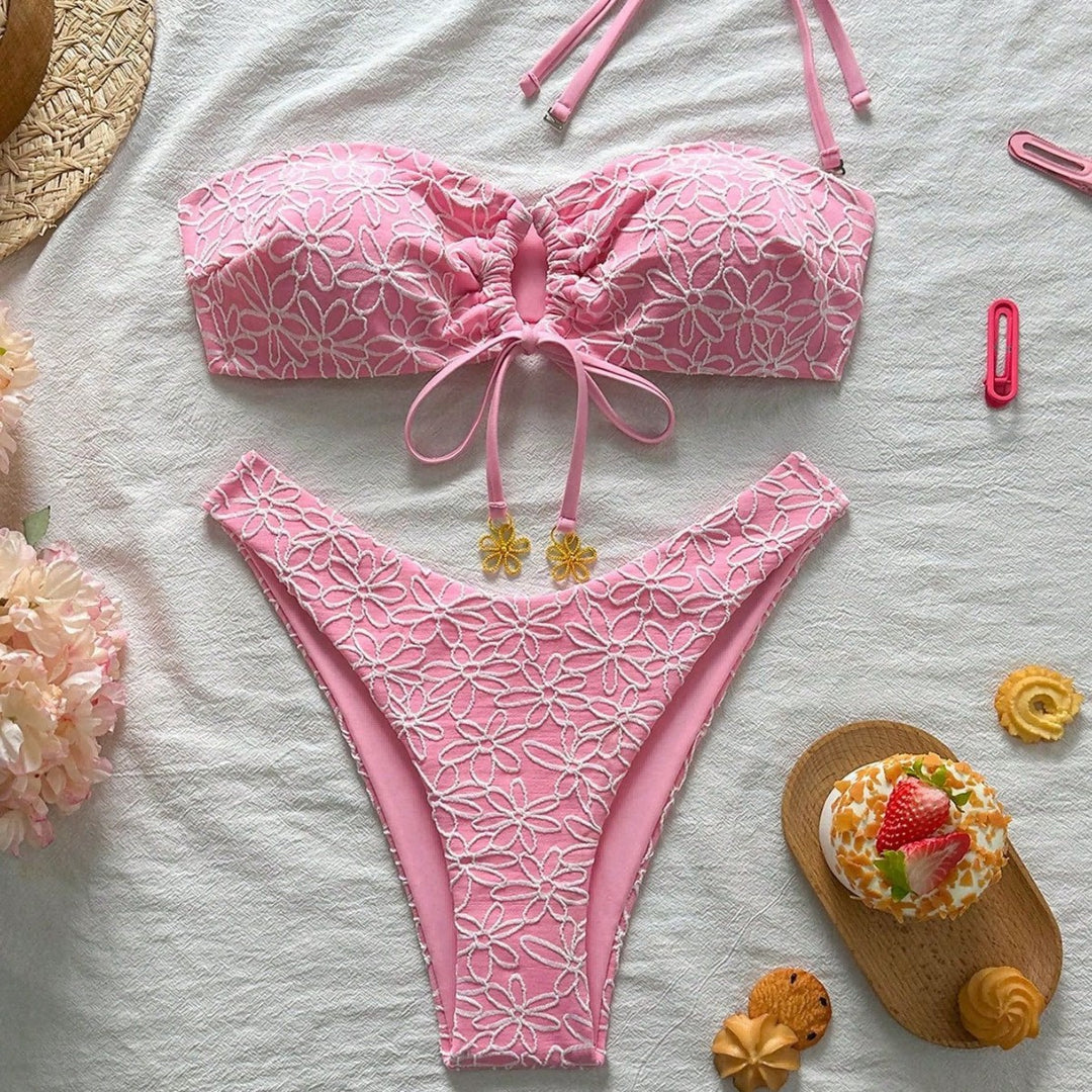 Damen Bandeau-Bikini mit floralen Applikationen Drune