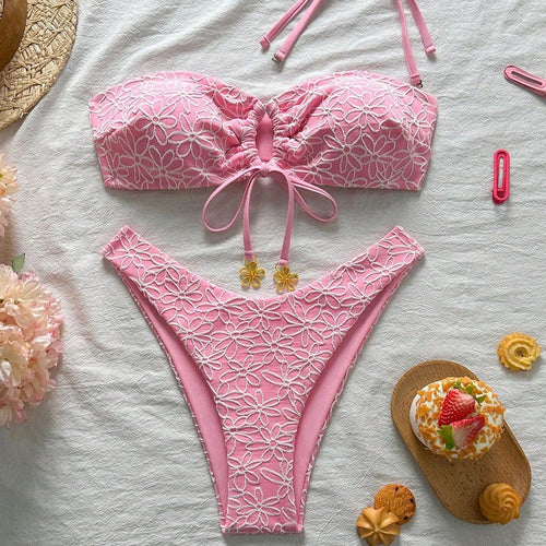Damen Bandeau-Bikini mit floralen Applikationen Drune