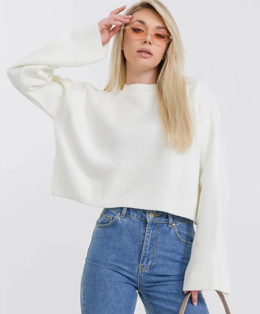Damen cropped Strickpullover mit voluminösen Ärmeln und Rundhalsausschnitt Drune