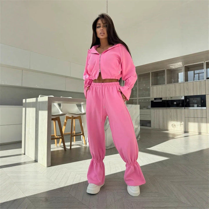 Damen Sportliches Zwei-Teiler-Set mit cropped Kapuzenpullover und weiten Hosen Drune