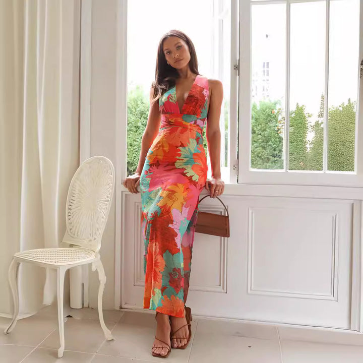 Damen Florales Maxikleid mit tiefem V-Ausschnitt und figurbetontem Schnitt Drune