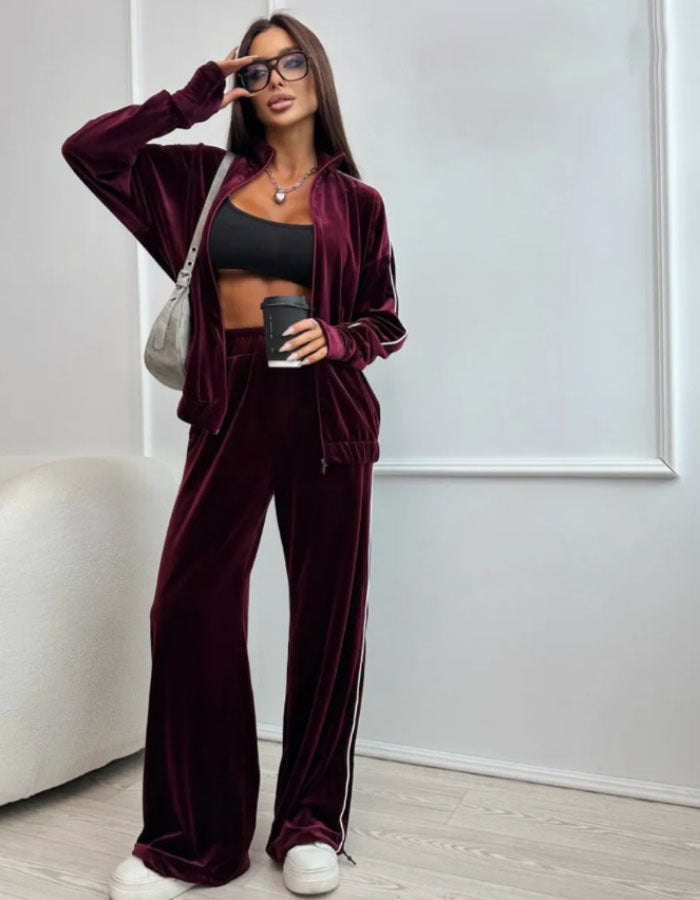 Damen modisches und vielseitiges Velours-Sportoutfit mit Reißverschluss Drune