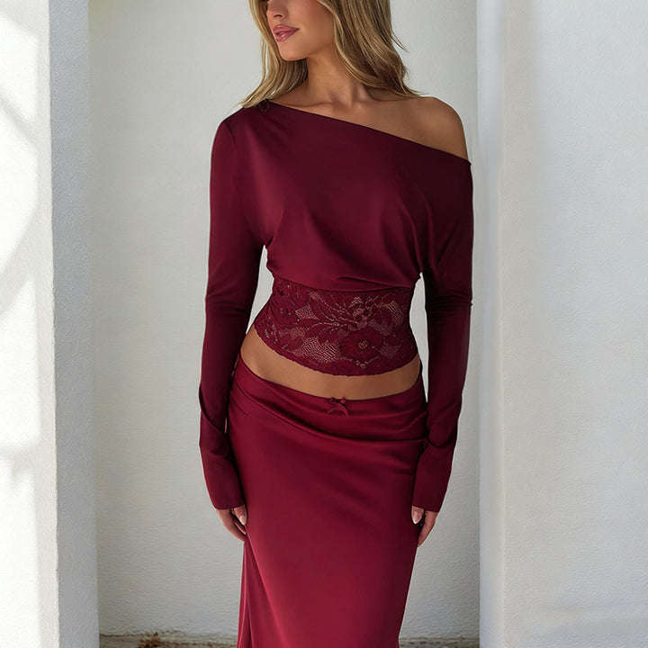 Damen elegantes Crop-Top mit Spitzenbesatz und langen Ärmeln Drune