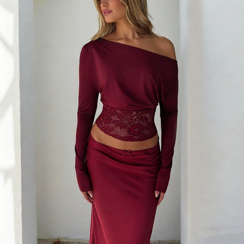 Damen elegantes Crop-Top mit Spitzenbesatz und langen Ärmeln Drune