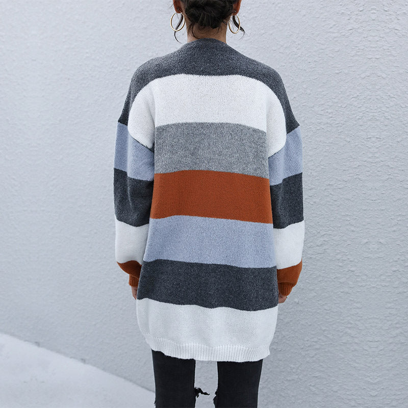 Damen offener Strickcardigan mit farbigen Blockstreifen und weichem Material Drune