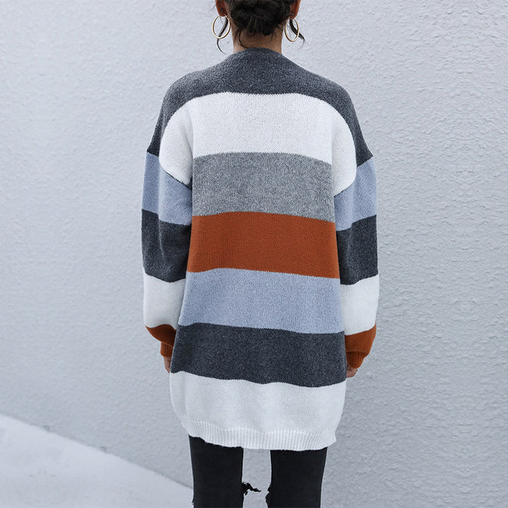 Damen offener Strickcardigan mit farbigen Blockstreifen und weichem Material Drune
