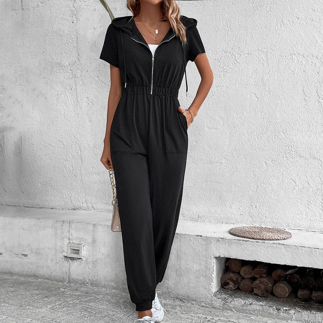 Damen modischer Kapuzen-Jumpsuit mit praktischen Eingrifftaschen und elastischem Bund Drune