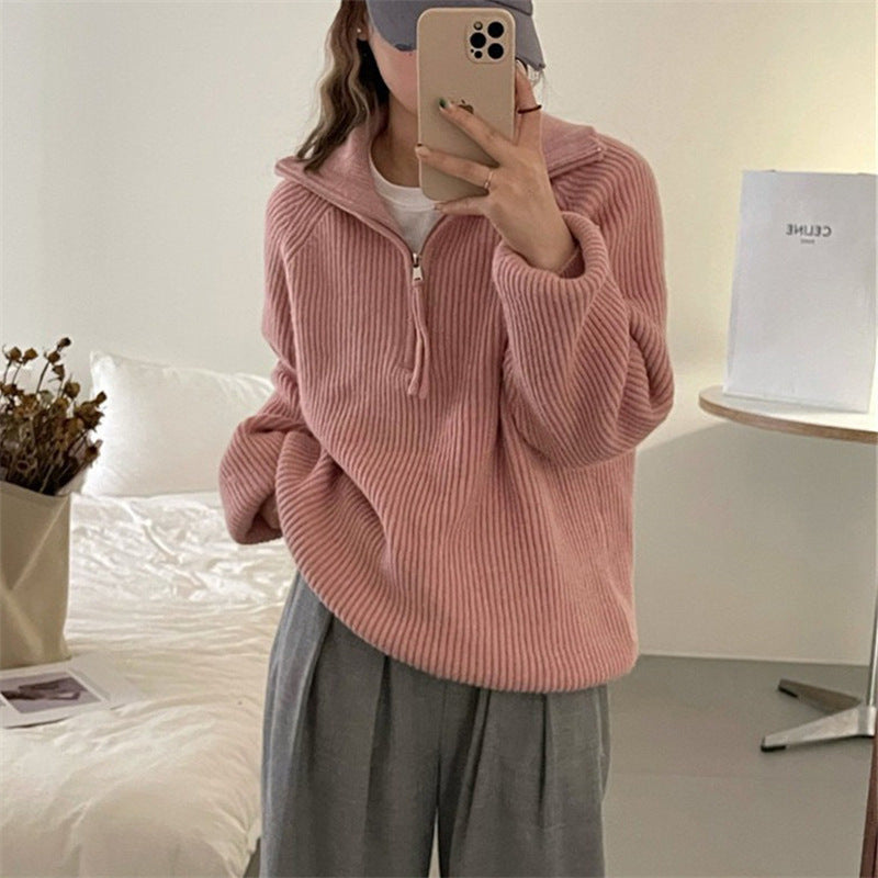 Damen Leichter Strickpullover mit hohem Kragen und dekorativem Reißverschluss Drune