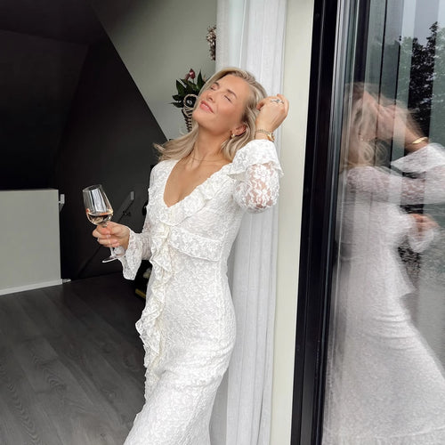 Damen Spitzen-Maxikleid mit Rüschendetails Drune