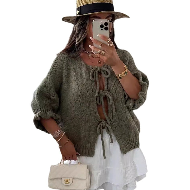 Damen modische Strickjacke mit dekorativem Kordelzug und luftiger Passform Drune