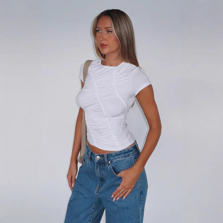 Damen Figurbetontes Ripp-Oberteil mit raffiniertem Rüschendesign Drune