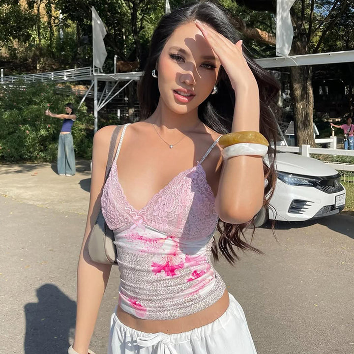 Damen Spaghettiträger Top mit Blumenmuster und Spitze Drune