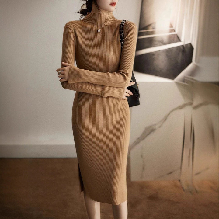 Damen Elegantes Strickkleid mit hochgeschlossenem Kragen und feinem Rippmuster Drune