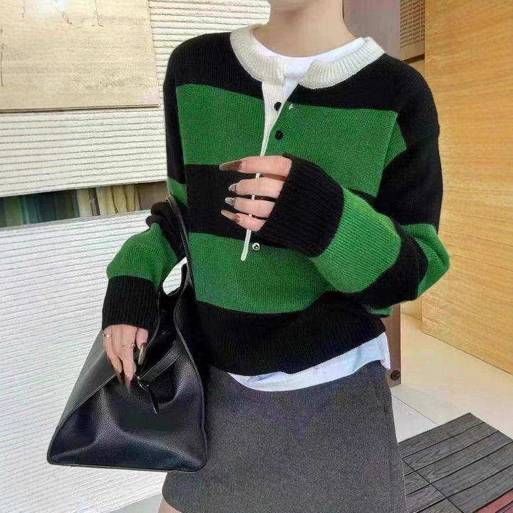Damen sportlicher Strickpullover mit Knopfleiste und grafischem Muster Drune