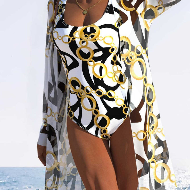 Damen eleganter Einteiler Badeanzug mit transparentem Überwurf und modernem Ringdesign Drune