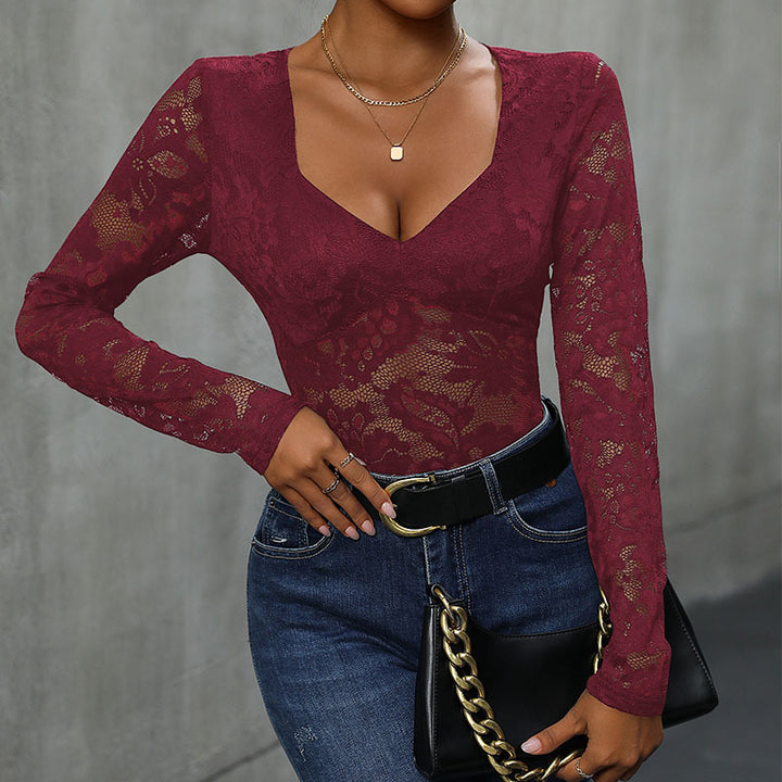 Damen Body mit Spitzenmuster und V-Ausschnitt Drune