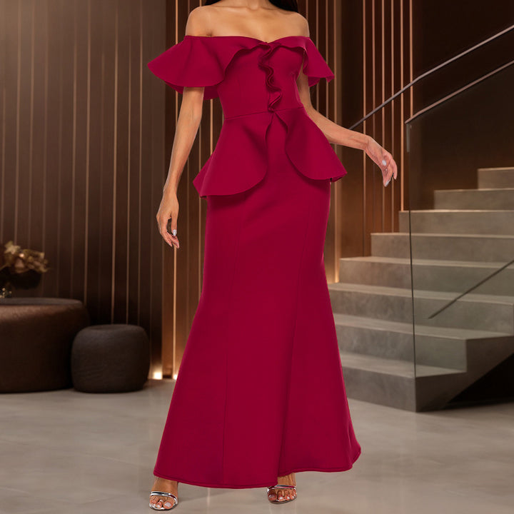 Damen Elegantes Abendkleid mit schulterfreien Rüschen Drune