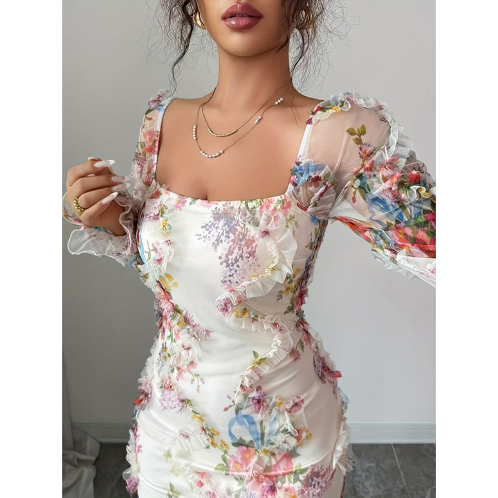 Damen Elegantes Midikleid mit floralen Spitzenärmeln und Rüschendetails Drune