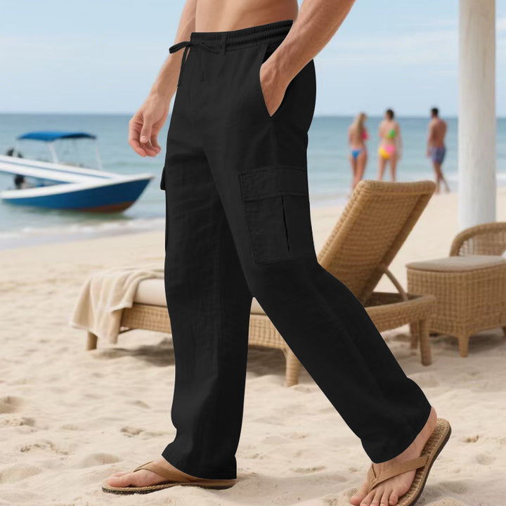 Herren nan lockere Cargo-Strandhose aus Leinenmix mit elastischem Bund und verstellbarem Kordelzug Drune
