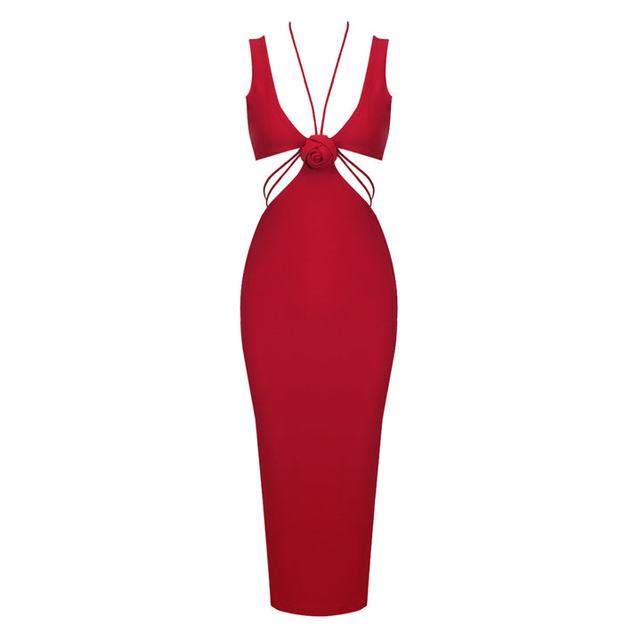 Damen figurbetontes Kleid mit raffinierten Rückendetails und floralem Akzent Drune