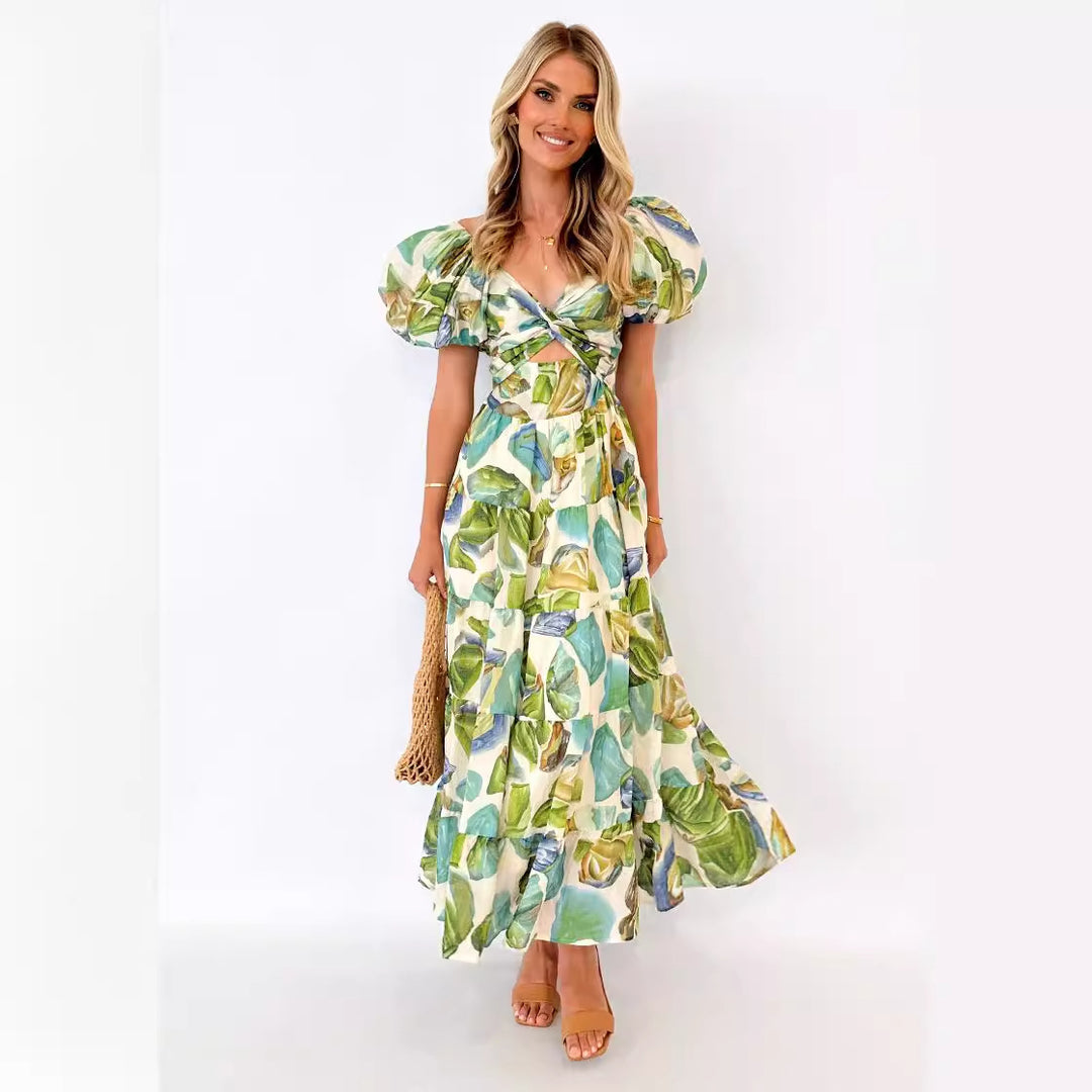 Damen Maxikleid mit voluminösen Puffärmeln und floralem Muster Drune