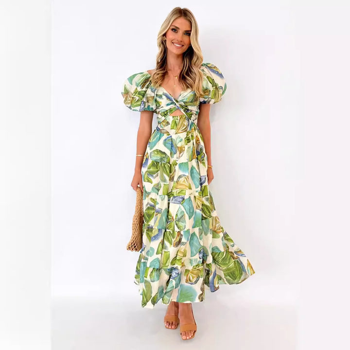 Damen Maxikleid mit voluminösen Puffärmeln und floralem Muster Drune