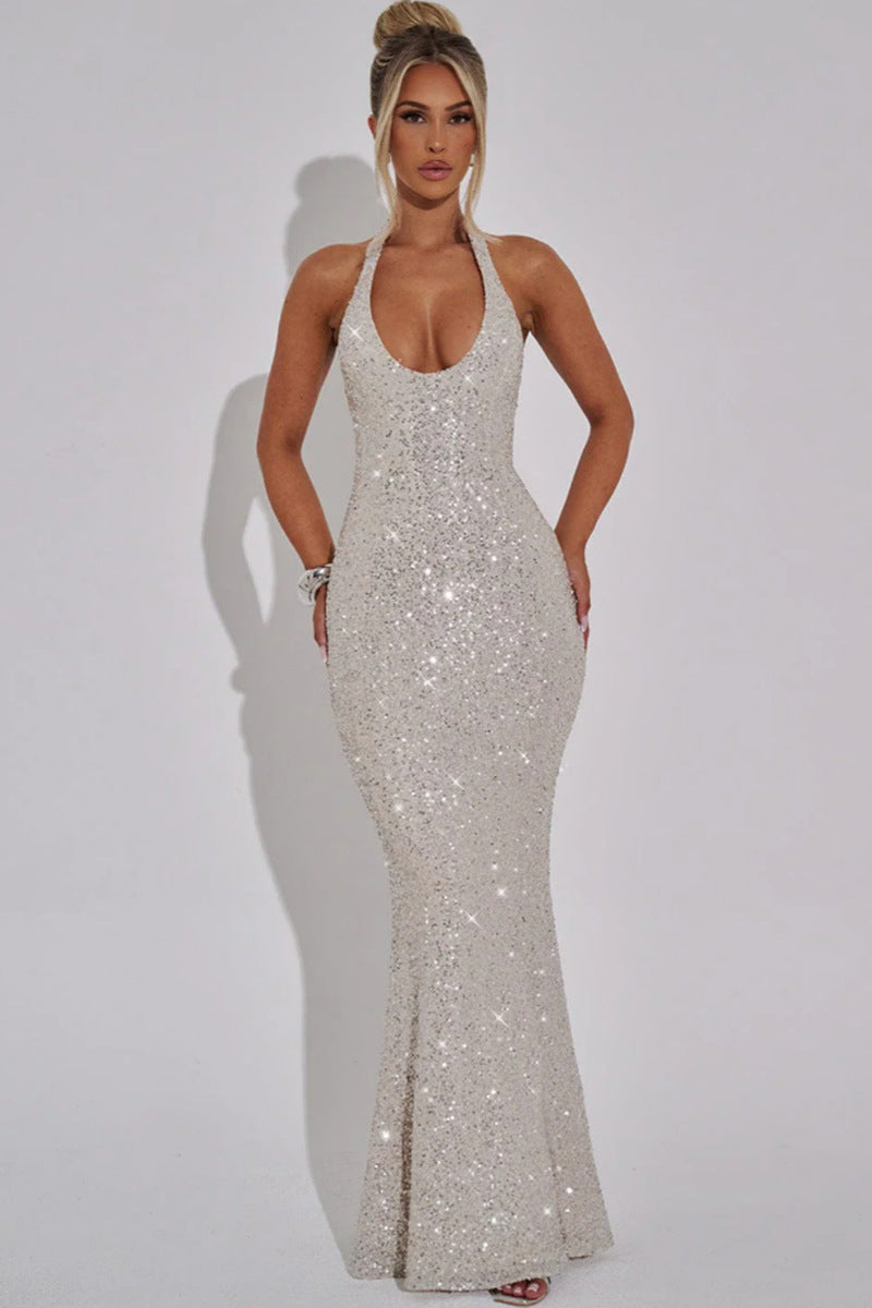Damen Glamouröses Pailletten-Maxi-Kleid mit tiefem V-Ausschnitt und schmalem Schnitt Drune