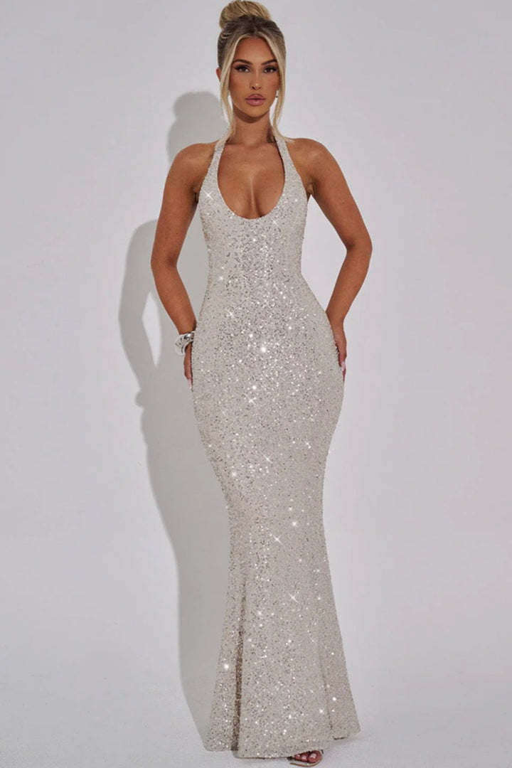 Damen Glamouröses Pailletten-Maxi-Kleid mit tiefem V-Ausschnitt und schmalem Schnitt Drune