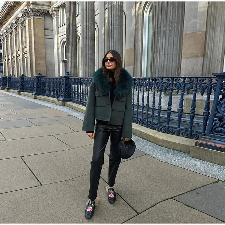 Damen stylische Winterjacke mit abnehmbarem Kunstfellkragen Drune