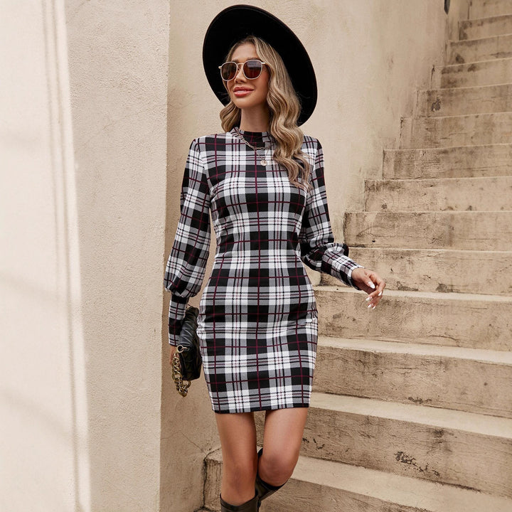 Damen Figurbetontes Karopattern Kleid mit langen Ärmeln und Taillengürtel Drune