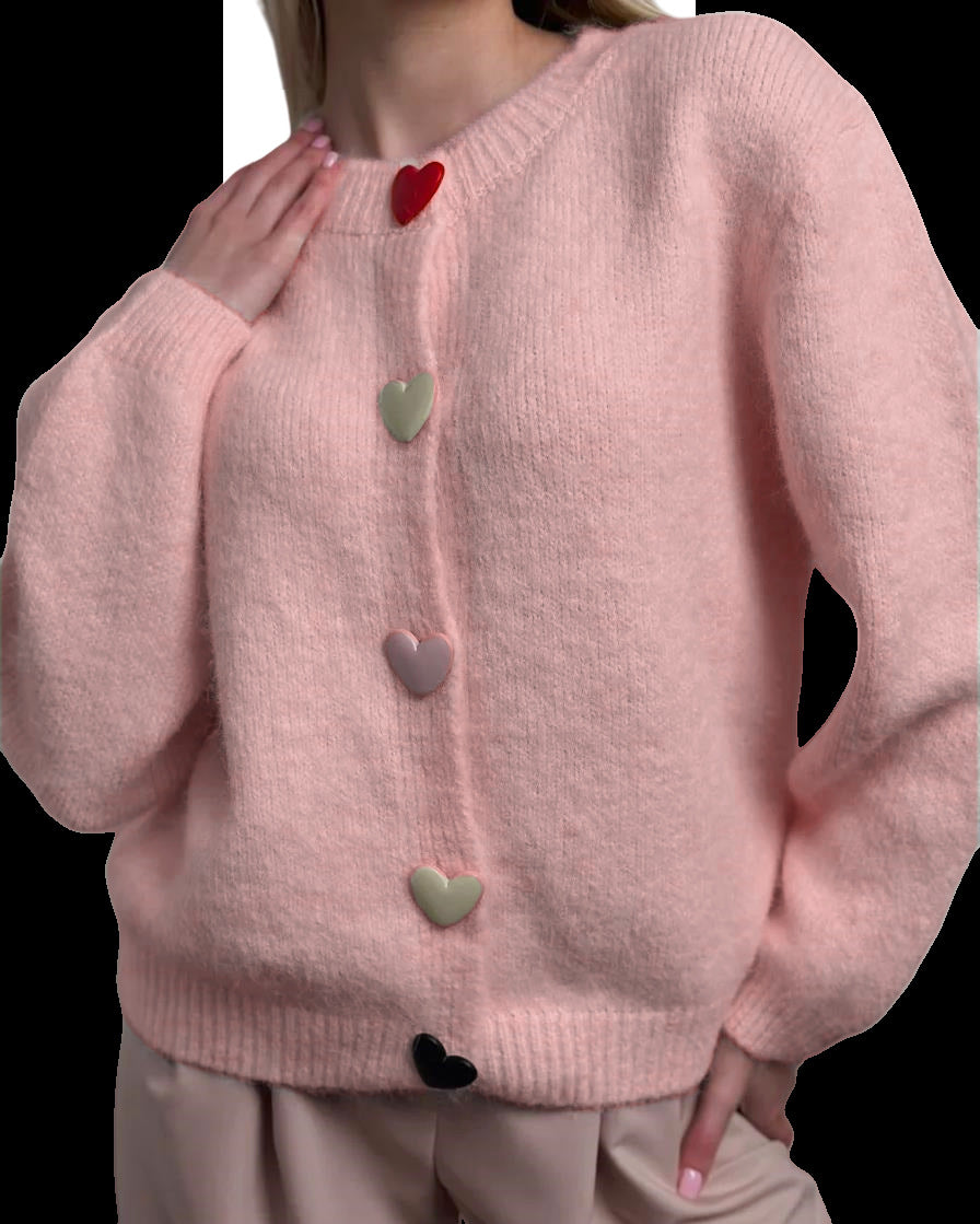 Damen lockerer Strickpullover mit herzförmigen Knöpfen und weitem Schnitt Drune