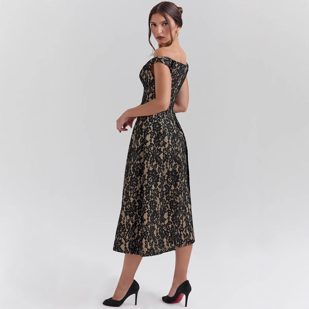 Damen Abendkleid mit schulterfreiem Design und exquisite Spitze Drune