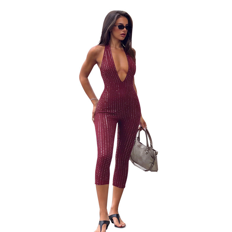Damen modischer Netz-Jumpsuit mit tiefem Ausschnitt Drune
