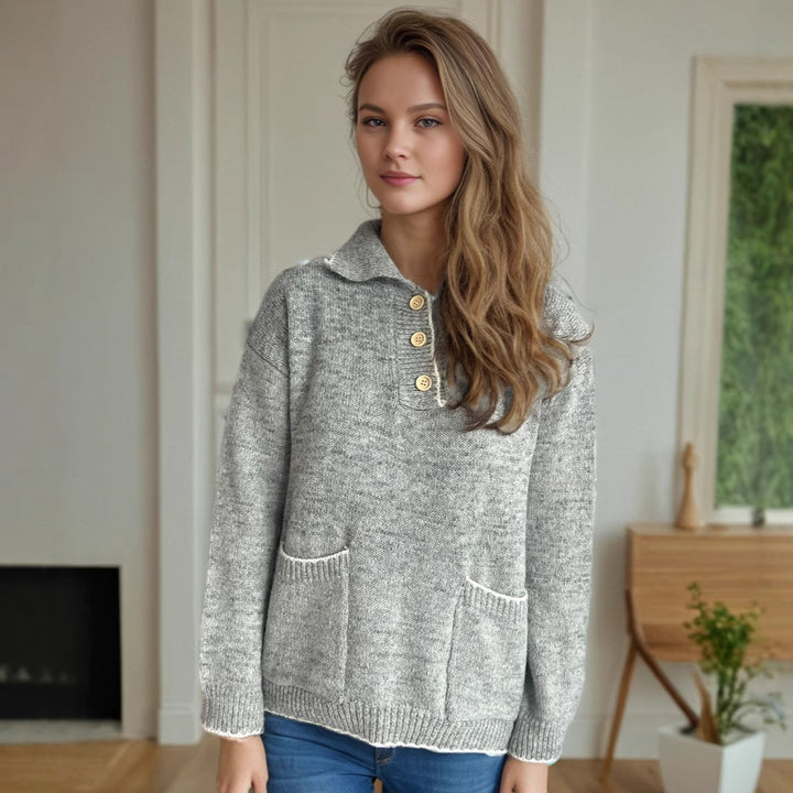 Damen Pullover mit kontrastierendem Kragen und dekorativen Knöpfen Drune