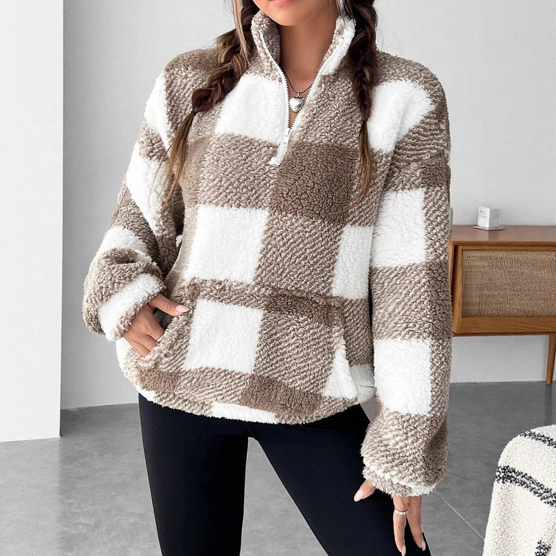 Damen nan kuscheliger Sherpa-Pullover mit Stehkragen, Half-Zip und Kängurutasche Drune