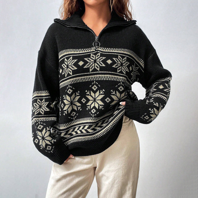 Damen Winterpullover mit modernem Schneeflocken-Design und hohem Kragen Drune