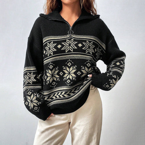 Damen Winterpullover mit modernem Schneeflocken-Design und hohem Kragen Drune