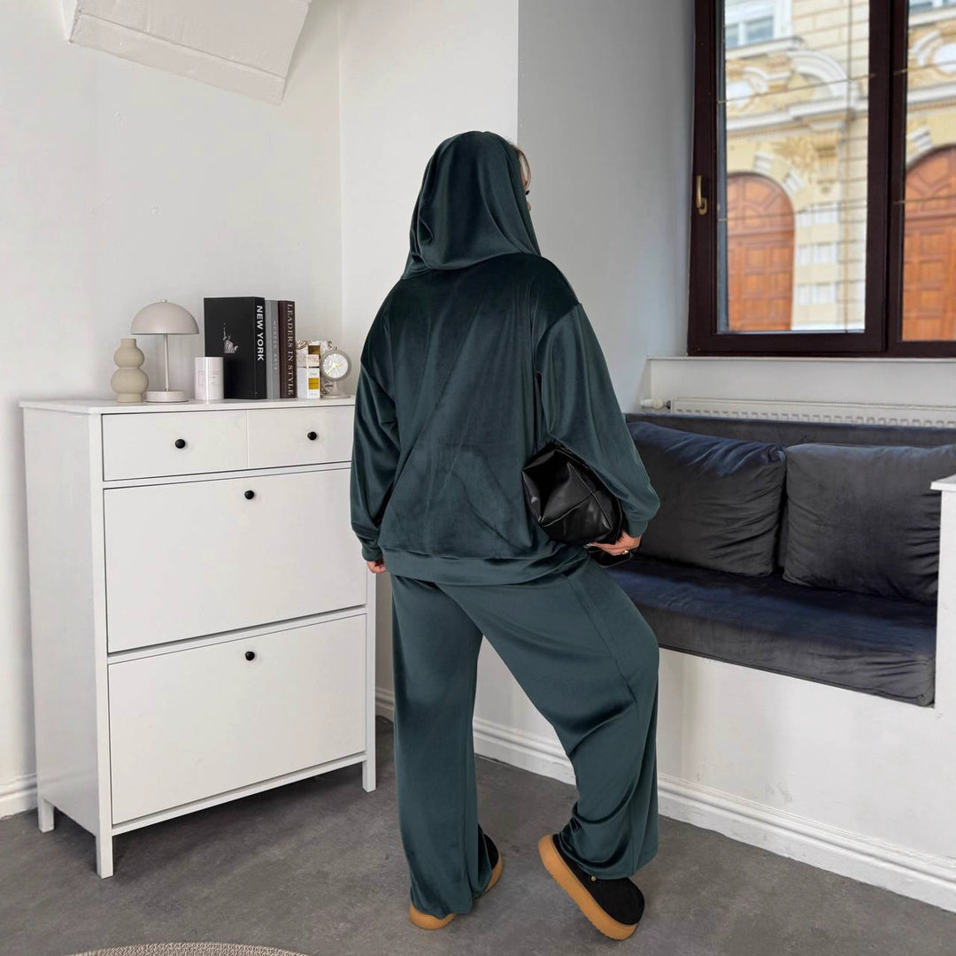Damen sportliches Fleece-Jogginganzug-Set mit Kapuze und elastischer Taille Drune