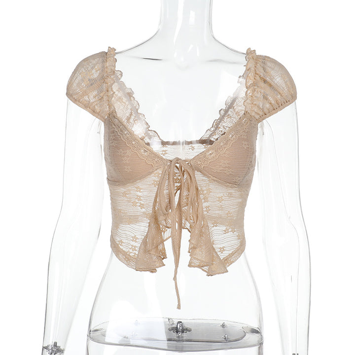 Damen Spitzen-Crop-Top mit romantischem Design und zarten Rüschendetails Drune