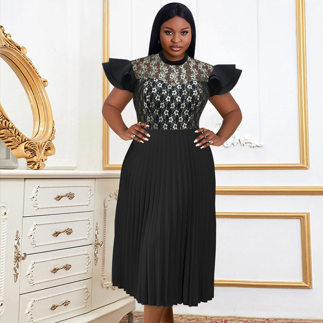 Damen Elegantes Plisseekleid mit floralem Spitzenoberteil Drune