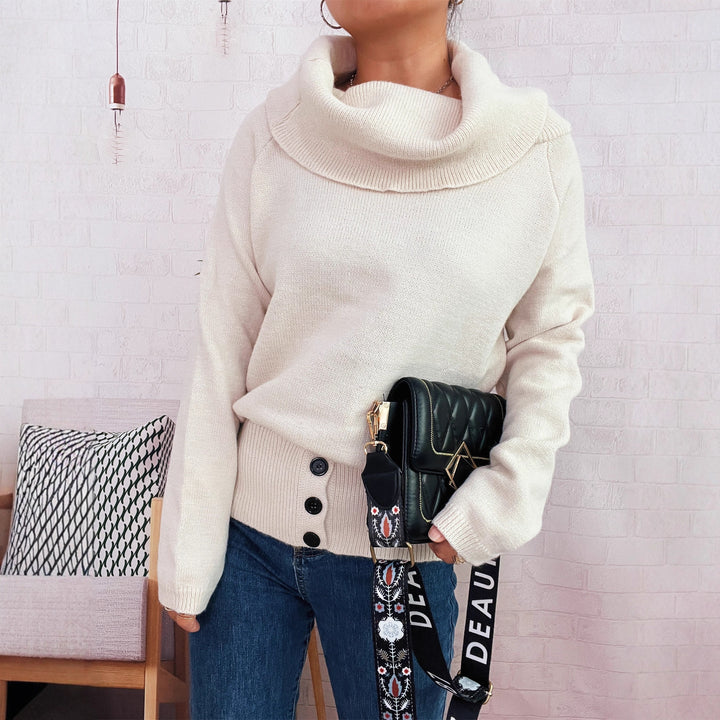 Damen Pullover mit weichem Kragen und dekorativen Knöpfen Drune