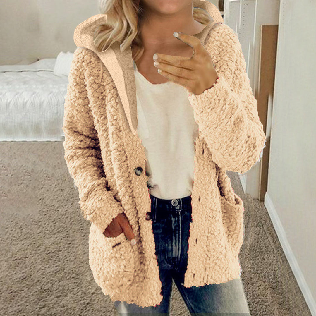 Damen kuschelige Fleecejacke mit Kapuze und praktischen Taschen Drune