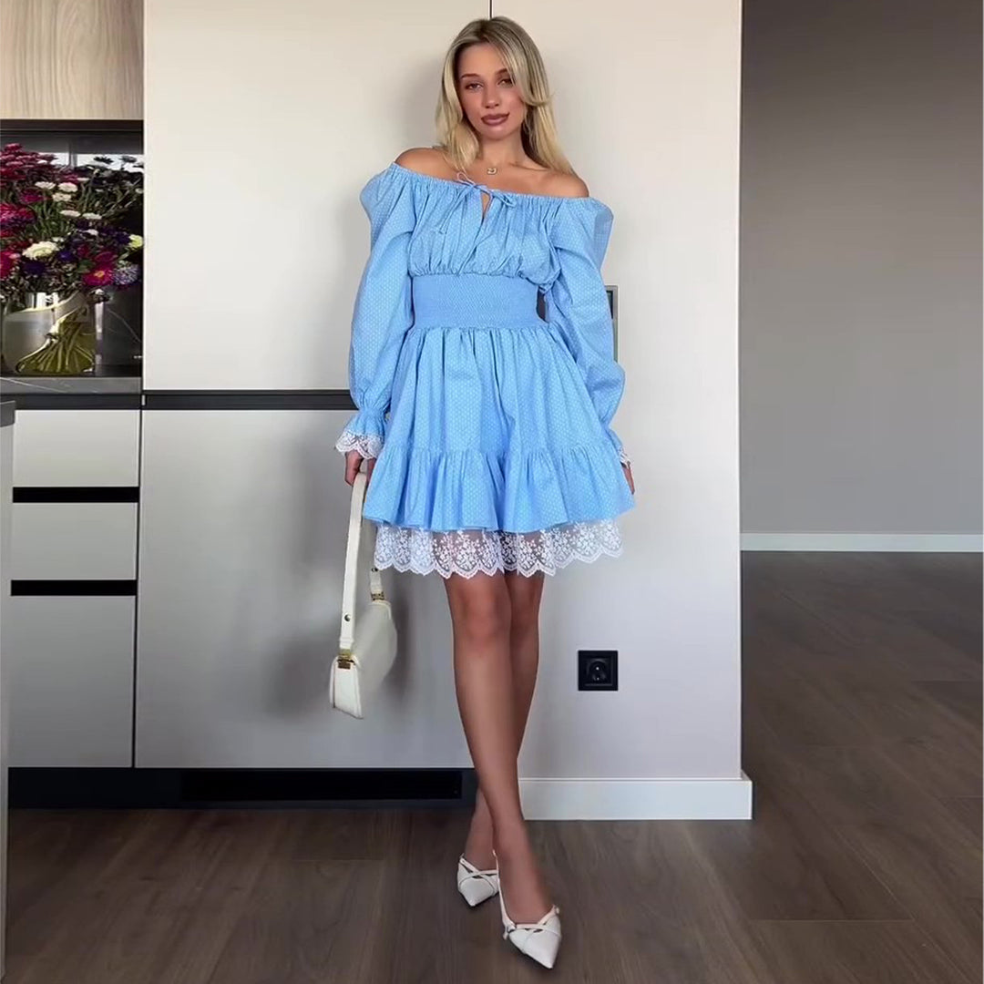 Damen Off-Shoulder Kleid mit voluminösen Rüschendetails und Spitzenbesatz Drune