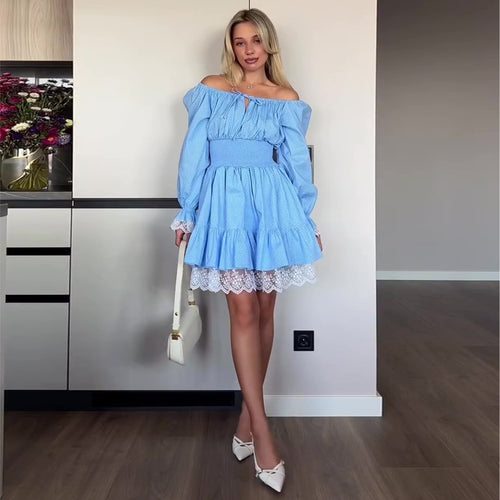 Damen Off-Shoulder Kleid mit voluminösen Rüschendetails und Spitzenbesatz Drune