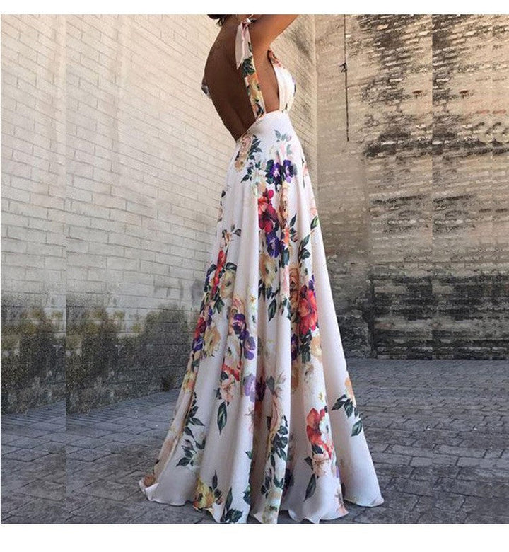 Drune | Bedrucktes Langarmloses Spaghettiträgerkleid mit großem Saum