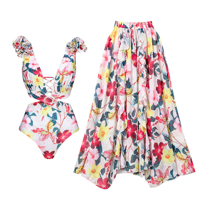 Damen eleganter Floral Badeanzug mit gewelltem Schulterdesign Drune