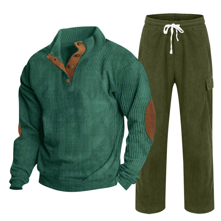 Herren nan Strick-Freizeitset mit Knopfleiste und Ellenbogenaufnähern sowie Cord-Cargohose Drune