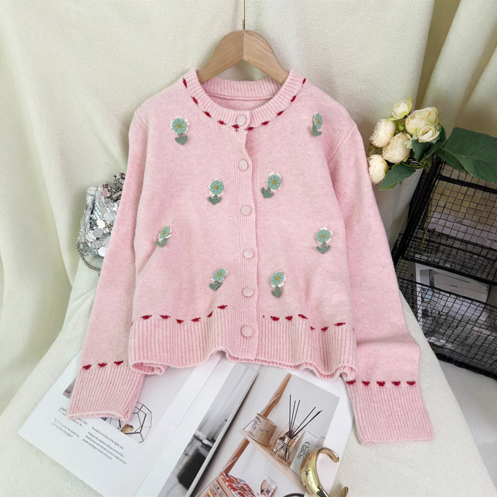 Damen Strickjacke mit floralem Stickdesign und Knopfverschluss Drune